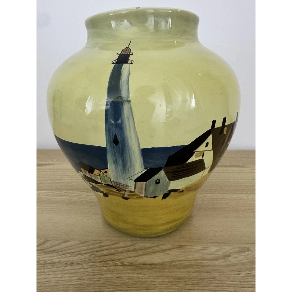 Hand Painted Lighthouse Ceramic Vase Coastal Nautical Seascape Large Yellow Blue
